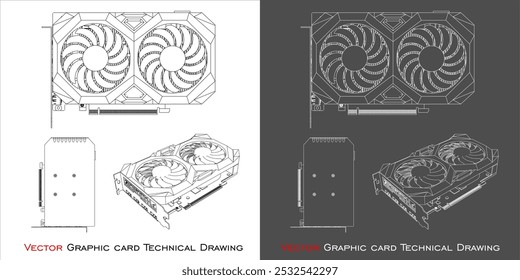 Vector GPU graphic card dual fan line technical drawing blueprint isolated on transparent background 