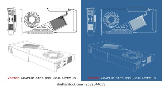 Vektor GPU Grafikkarte einzelne Lüfterlinie technische Zeichnung Blaupause einzeln auf transparentem Hintergrund 