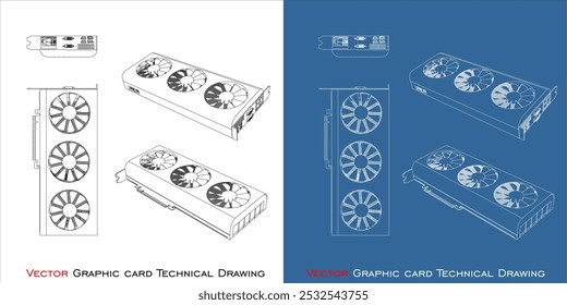 Vector GPU graphic card triple fan line technical drawing blueprint isolated on transparent background