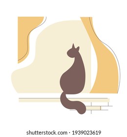 Vector graceful cat sitting on abstract window with curtains.