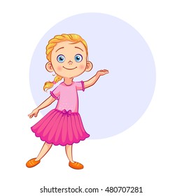 Vector graceful girl in a beautiful pink dress holds open hand, palm up. Pointer child character.