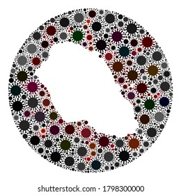 Collage de mapas del virus de la gripe en la isla de Graciosa vectorial. La infección ataca el territorio de bloqueo desde el espacio. Collage de mapas de la isla Graciosa de círculo de hoyos compuesto por íconos de infección.