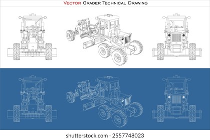 vector Grader line art draw blueprint wireframe from all view top corner side back isolated in transparent background 