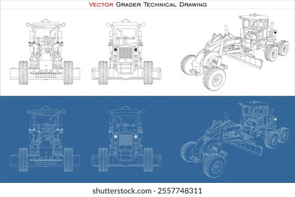 vector Grader line art draw blueprint wireframe from all view top corner side back isolated in transparent background 