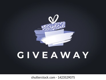 Vector gradient brush giveaway banner. Trendy style illustration of hand drawn brushstoke and gift box on black. Design element for modern style promotion adveritising post in social network, insta.