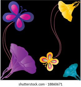 vector gradient butterflies and morning glories on black