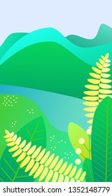 vector gradient childlike illustration of a miracle spring or summer landscape with river and fantastic plants.