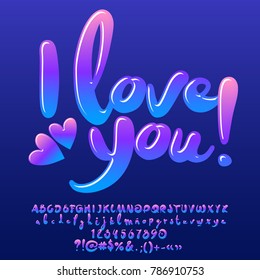 Banner de bienvenida de color de gradiente vectorial que te amo. Conjunto de letras de alfabeto, números y símbolos de puntuación