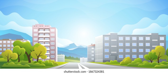 Gradiente vectorial, ilustración colorida de la calle diurna. Pequeños edificios residenciales en el fondo de las montañas.