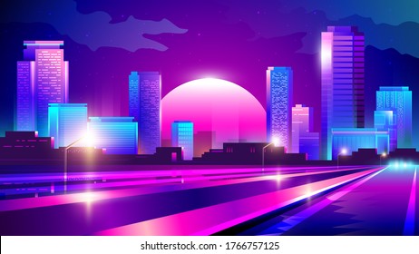 Vector gradient colorful illustration of a night neon highway against the background of the cityscape and sunset.