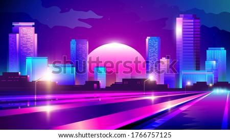 Vector gradient colorful illustration of a night neon highway against the background of the cityscape and sunset.