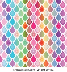 Vector  gradient colorful seamless geometric pattern with rainbow polka dot droplets in retro style on white