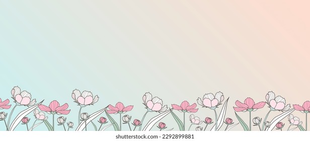 Vector gradient floral background with pink flowers and buds. Background for text, photos, diplomas, postcards, business cards