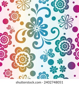 Vector gradient floral pattern with flowers and butterflies and balls in doodle style on a white backnd 