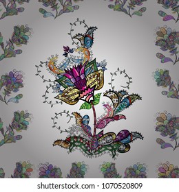 Vector gradient flower print. Vintage outline illustration. Floral white, neutral, black, green and blue seamless pattern.