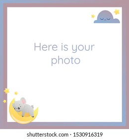 Vector gradient frame with little baby koala. A cute koala is sleeping on the moon below the photo frame.
