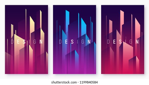 Vector gradient geometric abstract backgrounds, colorful minimal cover designs, futuristic posters with stylized urban cityscape. Global swatches.