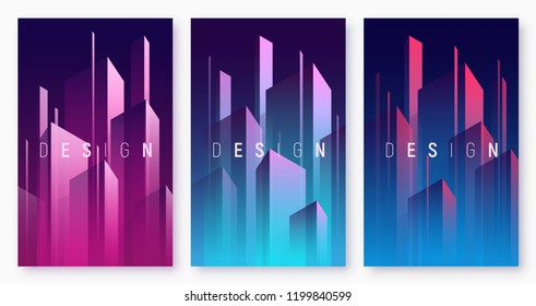 Vector gradient geometric abstract backgrounds, colorful minimal cover designs, futuristic posters with stylized urban cityscape. Global swatches.