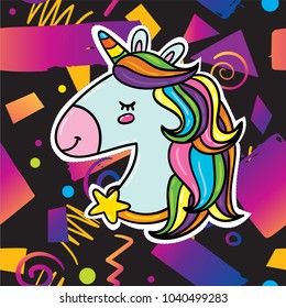 Vector gradient geometric hipster trendy elements pattern with bold bright purple violet colors card design template. 80s 90s retro fashion design with funny magic flying unicorn
