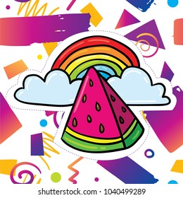 Vector gradient geometric hipster trendy elements pattern with bold bright purple violet colors card design template. 80s 90s retro fashion design with funny juicy watermelon sticker