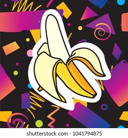 Vector gradient geometric hipster trendy elements pattern with bold bright purple violet colors card design template. 80s 90s retro fashion design with funny banana sticker