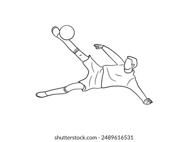 Vector gradient hand drawn black lines on a white background, image of a football athlete kicking a ball with a beautiful jumping pose as a physical exercise, exercise, outdoor activity, team play.