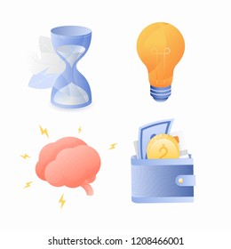 Vector gradient icons:  hourglasses, brain, lightbulb, wallet, money.