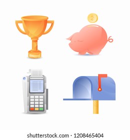 Vector gradient icons: piggy bank, trophy cup, mail boxe, pos-terminal.