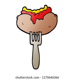 vector gradient illustration cartoon hotdog with mustard and ketchup on fork
