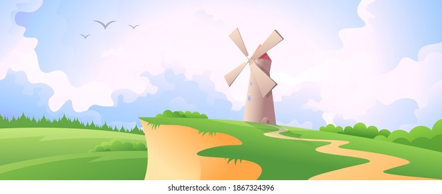 Ilustración de gradiente vectorial del campo diurno. Molino de viento sobre el acantilado en un colorido fondo del cielo.