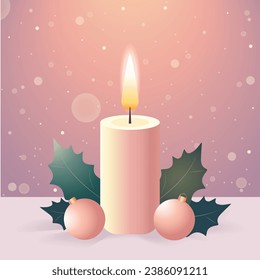 Vector gradient illustration in delicate pastel colors, cozy Christmas decor elements with candle, Christmas balls and holly leaves with bokeh background. All elements are isolated from each other.

