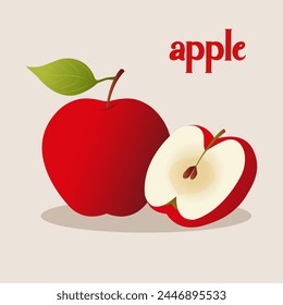 Vector gradient illustration of a delicious red whole apple with green leaves and cut half of the fruit.
