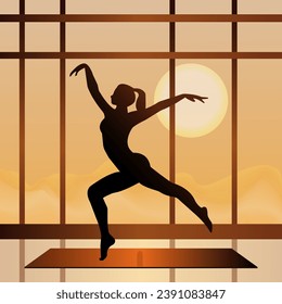 Vector gradient illustration, an elegant young woman with a beautiful toned figure is engaged in fitness, yoga or dancing in a spacious room with panoramic windows overlooking the sunset.
