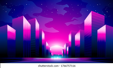 Ilustración de gradiente vectorial de una calle de neón nocturno en un fondo de puesta de sol.