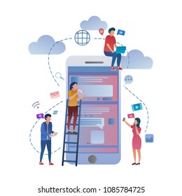 Vector Gradient Illustration, Young People using Gadget. Social Media Interaction. Flat Illustration