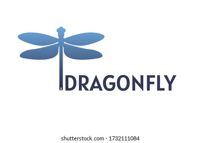 Vector gradient logo with blue silhouette of a dragonfly. Simple graphics. 