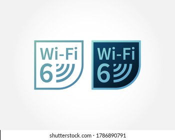 Vektorgrafiklogo, Emblem, Zeichen für drahtlose Kommunikation, hohe Geschwindigkeit, Bandbreite. Blue Icons wi-fi 6 neue Generation Netzwerk für Aufkleber, 802.11ax Standard.