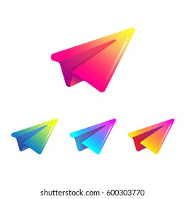 Vector gradient logotype for company identity. Colorful illustration of paper plane flying up. 