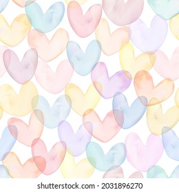 Vector Gradient Mesh Watercolor Drawing Multi Colors Overlapping Heart Shapes Seamless Pattern in Pastel Pink and Yellow.	
