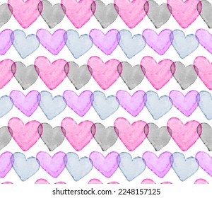 Vector Gradient Mesh Watercolor Drawing Multi Colors Overlapping Heart Shapes Seamless Pattern in Pastel Pink and blue.