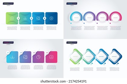 Plantillas infográficas minimalistas de gradiente vectorial compuestas por 4 formas.