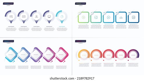 Vector gradient minimalistic infographic templates composed of 5 shapes.