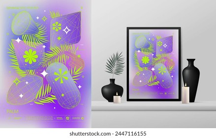 Vector gradient minimalistic rave Poster with strange wireframes graphic of geometrical shapes Y2K design inspired by brutalism and mockup in the interior, 3D forms with tropic leaves in acid colors