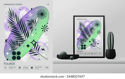 Vector gradiente minimalista rave Póster con extraños wireframes gráficos de Formas geométricas Y2K diseño inspirado en el brutalismo y la maqueta en el interior, lila lima torus marco con hojas tropicales