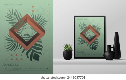 Vector gradient minimalistic rave Poster with strange wireframes graphic of geometrical shapes Y2K design inspired by brutalism and mockup in the interior, tropical leaves with impossible shape