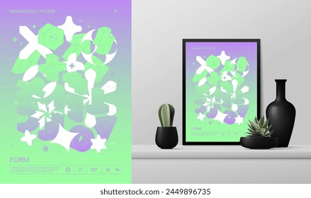 Vector gradiente minimalista rave Póster con extraños wireframes activos gráficos de Formas geométricas Y2K diseño inspirado en el brutalismo y la maqueta en el interior, arte en verde púrpura-luz gradiente