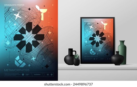 Vector gradiente minimalista rave Póster con extraños wireframes activos gráficos de Formas geométricas Y2K diseño inspirado en el brutalismo y la maqueta en el interior, estilo ciber neo futurista