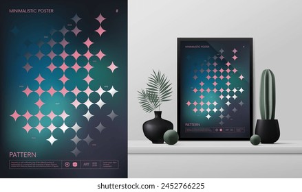 Vector gradiente minimalista rave Póster con extraños wireframes activos gráficos de Formas geométricas Y2K diseño inspirado en el brutalismo y la maqueta en el interior, arte iridiscente oscuro con rosa romb