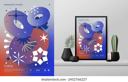 Vector gradient minimalistic rave Poster with strange wireframes graphic assets of geometrical shapes Y2K design inspired by brutalism and mockup in the interior, torus frames and brutal elements