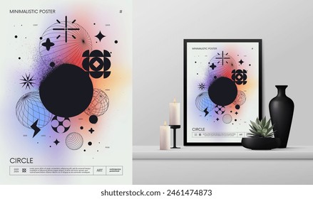 Vector gradient minimalistic rave Poster with strange wireframes graphic assets geometrical shapes Y2K design brutalism and mockup in the interior, 3d form spheres and circle with dissolving effect